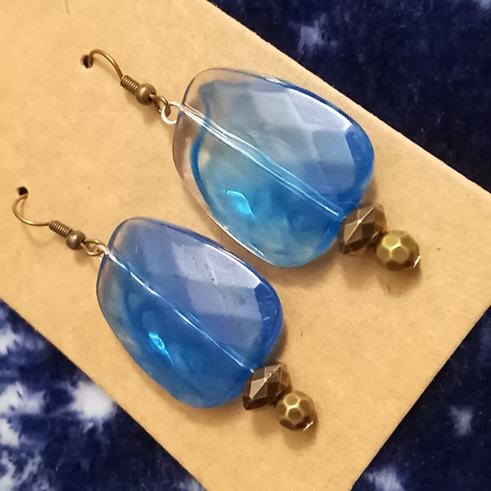 hand crafted Antique Gold and blue crystal statement earrings